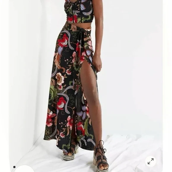 Katie May Hibiscus Black Red Floral Flower Maxi Skirt & Corset Crop Tank Top Set